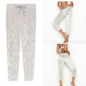 Victoria Secret L Velvet Leggings Joggers Silver Grey Christmas Holiday Mid Rise